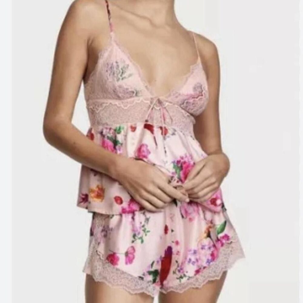 Victoria's Secret Purest Pink Dainty Floral Lacey Cami Pajama Set Womens sz L